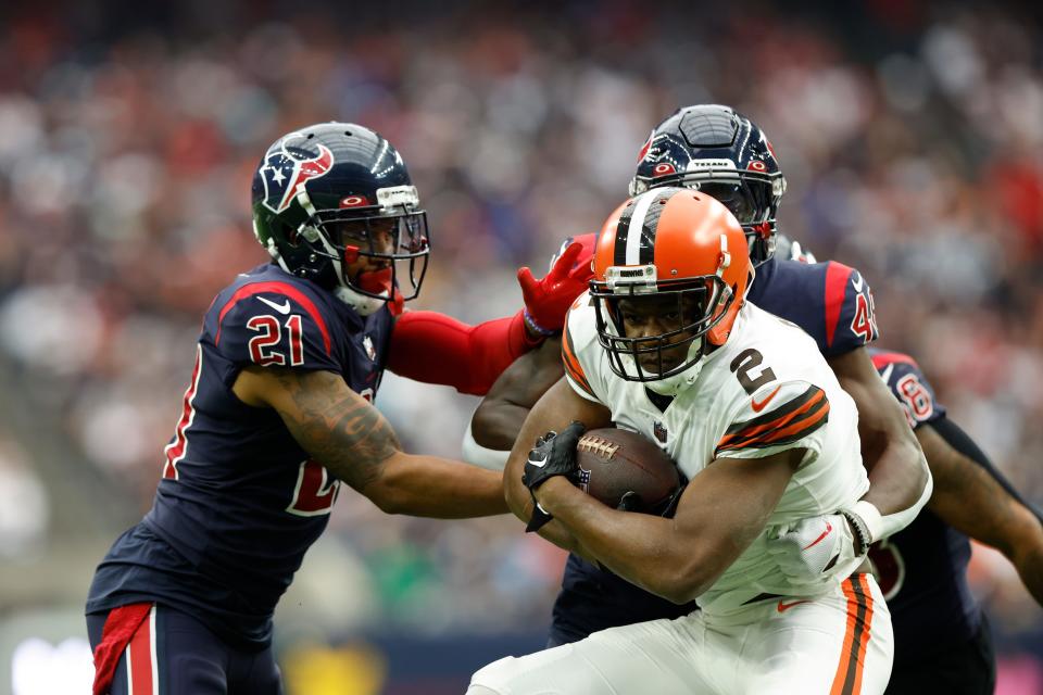 Cleveland Browns wide receiver Amari Cooper (2) gets tackled after a reception during an NFL football game against the Houston Texans on Sunday, December 4, 2022, in Houston. (AP Photo/Matt Patterson)