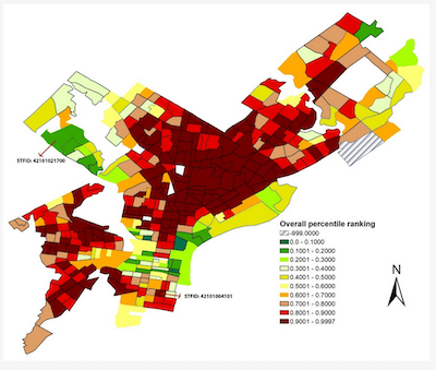 The social vulnerability of different Philadelphia neighborhoods. <a href="http://creativecommons.org/licenses/by-nd/4.0/" rel="nofollow noopener" target="_blank" data-ylk="slk:CC BY-ND;elm:context_link;itc:0;sec:content-canvas" class="link ">CC BY-ND</a>