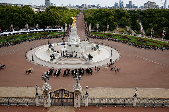 LONDON, ENGLAND - SEPTEMBER 19: A general view of The Victoria Memorial ahead of the State funeral of Queen Elizabeth II on September 19, 2022 in London, England. Elizabeth Alexandra Mary Windsor was born in Bruton Street, Mayfair, London on 21 April 1926. She married Prince Philip in 1947 and ascended the throne of the United Kingdom and Commonwealth on 6 February 1952 after the death of her Father, King George VI. Queen Elizabeth II died at Balmoral Castle in Scotland on September 8, 2022, and is succeeded by her eldest son, King Charles III.  (Photo by Chip Somodevilla/Getty Images)