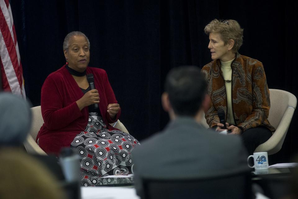 Wanda Tucker (left) and Pam Tucker (right) speak on a panel as part of a Martin Luther King Jr. Holiday celebration at Rio Salado College in Tempe, Arizona on Jan. 23, 2020. Wanda Tucker's ancestors were some of the very first Africans to be enslaved by colonial Americans who Pam Tucker descended from.