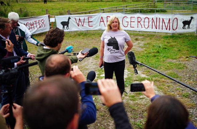 Helen Macdonald speaks to the media after Geronimo had been taken from her farm and killed (Ben Birchall/PA)