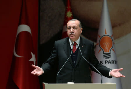 Turkey's President Tayyip Erdogan speaks during a meeting of his ruling AK Party in Ankara, Turkey, November 17, 2017. Murat Cetinmuhurdar/Presidential Palace/Handout via REUTERS