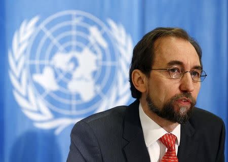 United Nations (U.N.) Human Rights High Commissioner Zeid Ra'ad Al Hussein addresses a media briefing in Geneva, Switzerland, February 1, 2016. REUTERS/Denis Balibouse