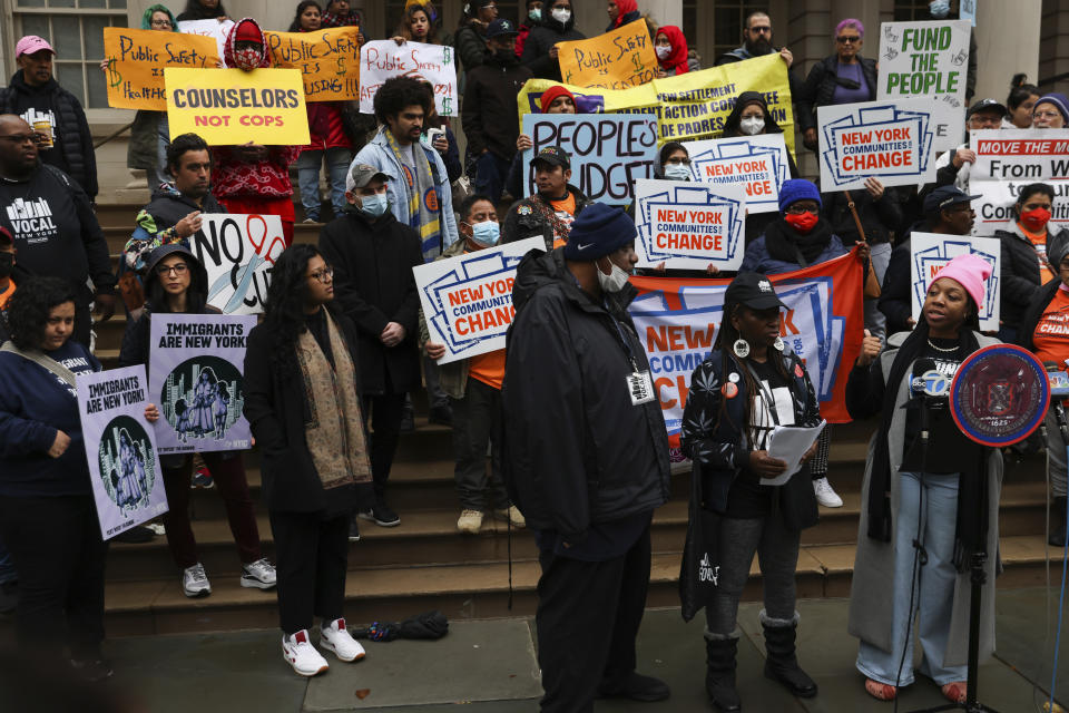 Homelessness union organizer at Vocal-NY Celina Trowell, right, speaks at a rally Wednesday, Dec. 7, 2022, in New York. Advocates for people with mental illnesses protested New York City Mayor Eric Adams' plan to force people from the streets and into mental health treatment. (AP Photo/Julia Nikhinson)