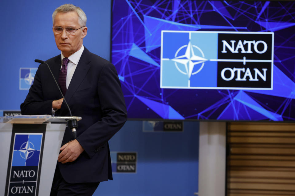 NATO Secretary General Jens Stoltenberg arrives for a media conference at NATO headquarters in Brussels, Wednesday, June 15, 2022. The leaders of seven NATO nations from across Europe pledged their support Tuesday for Sweden and Finland's bids to join the alliance and for providing more heavy weapons to help Ukraine battle Russia. (AP Photo/Olivier Matthys)