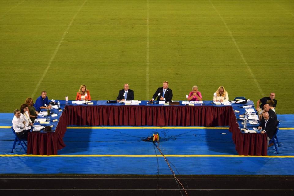 The Indian River School District Board of Education met on the football field at Sussex Central High School in Georgetown Monday, Aug. 23, 2021.