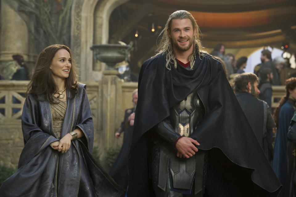 This publicity photo released by Walt Disney Studios and Marvel shows Natalie Portman, left, as Jane Foster and Chris Hemsworth as Thor, in Marvel’s “Thor: The Dark World.” (AP Photo/Walt Disney Studios/Copyright Marvel, Jay Maidment, File)