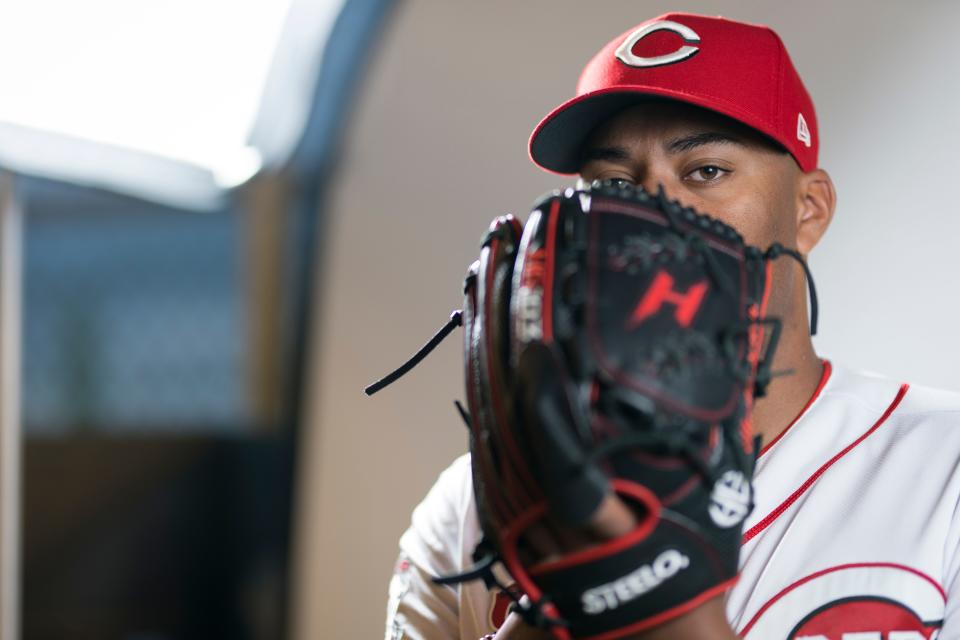 Cincinnati Reds starting pitcher Hunter Greene poses for the annual picture day photo on Feb. 21.