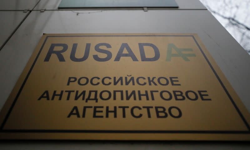 A sign with the logo of the Russian Anti-Doping Agency is on display in Moscow