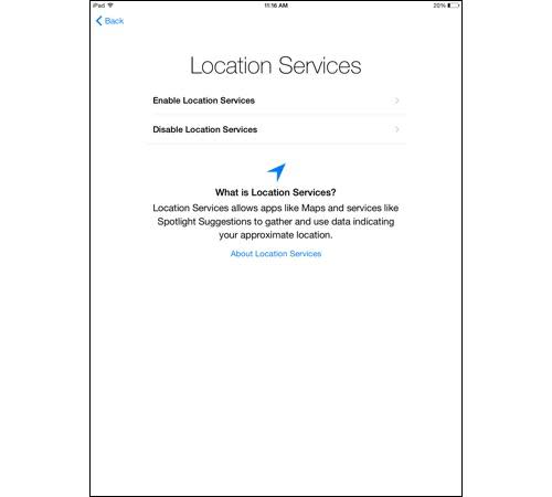 iPad location services setup screen
