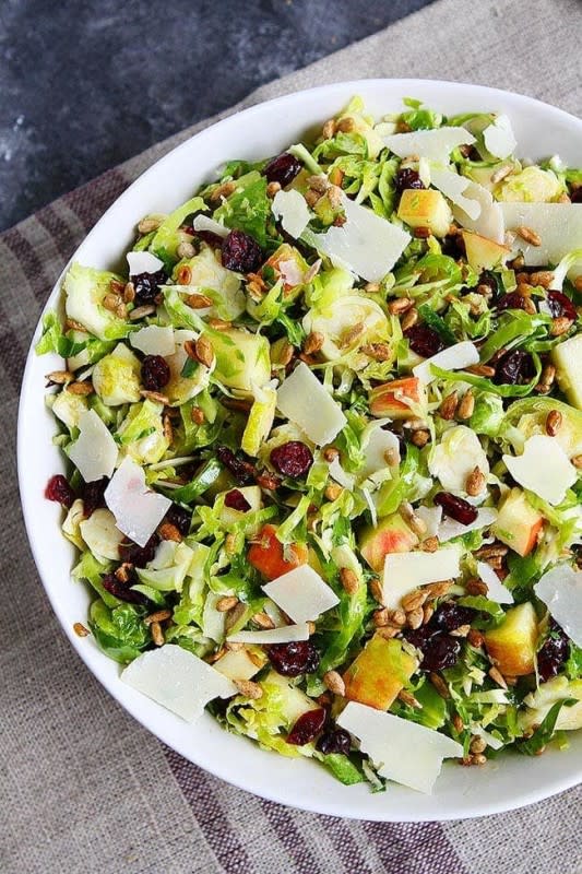 <p>Two Peas and Their Pod</p><p>This easy Brussels Sprouts salad is the perfect side dish for any fall or holiday meal.</p><p><strong>Get the recipe: <a href="https://www.twopeasandtheirpod.com/shaved-brussels-sprouts-salad/" rel="nofollow noopener" target="_blank" data-ylk="slk:Shaved Brussels Sprouts Salad;elm:context_link;itc:0;sec:content-canvas" class="link ">Shaved Brussels Sprouts Salad</a></strong></p>
