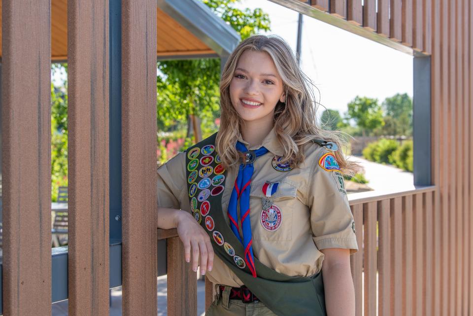 Eagle Scout Emma Turner, member of Fort Collins' Scouts BSA 97, poses for a portrait at Twin Silo Park on Monday in Fort Collins.