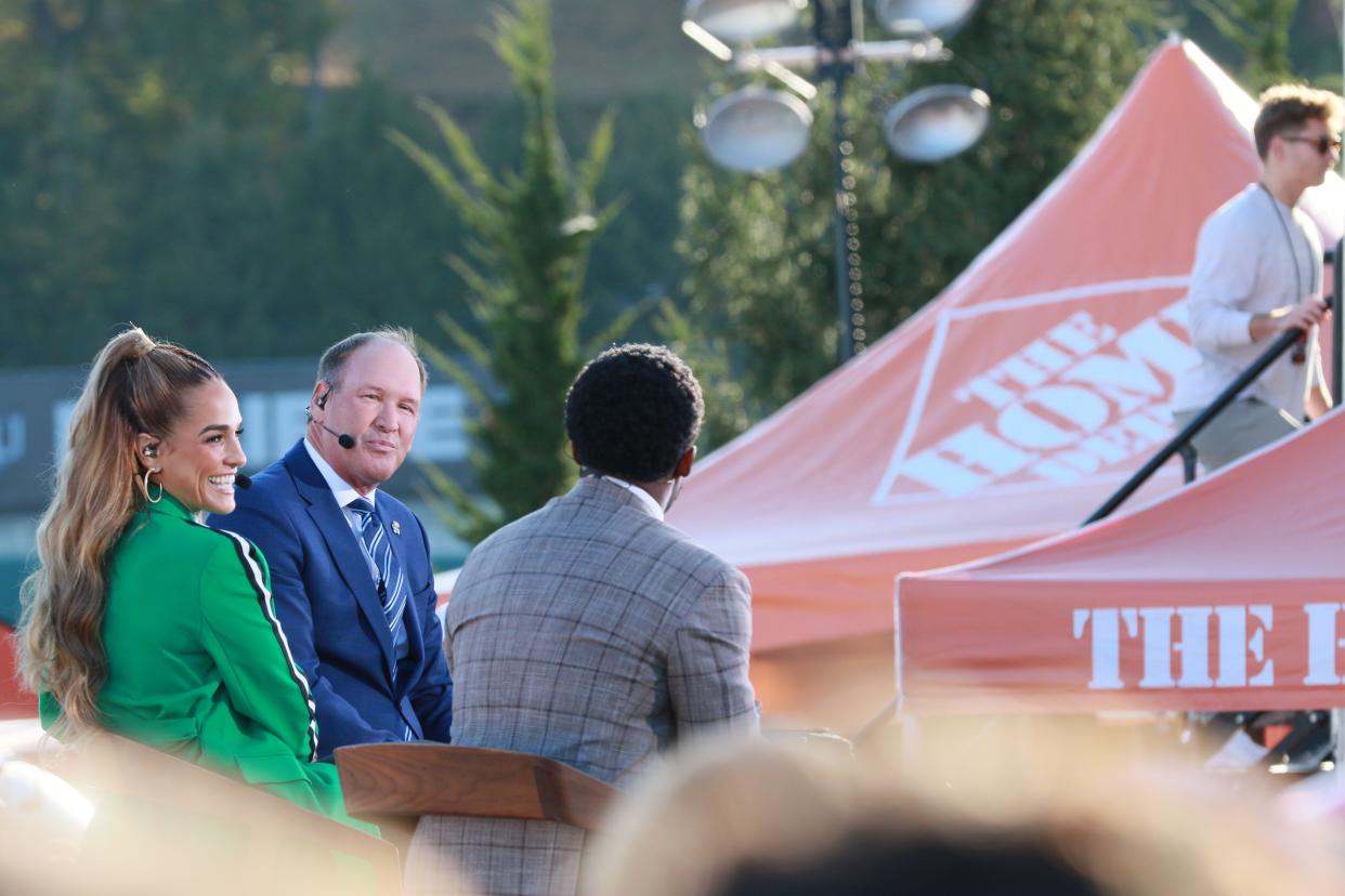 Kansas football coach Lance Leipold is interviewed during ESPN's "College GameDay" show on the Hill before a game against TCU during the 2022 season.