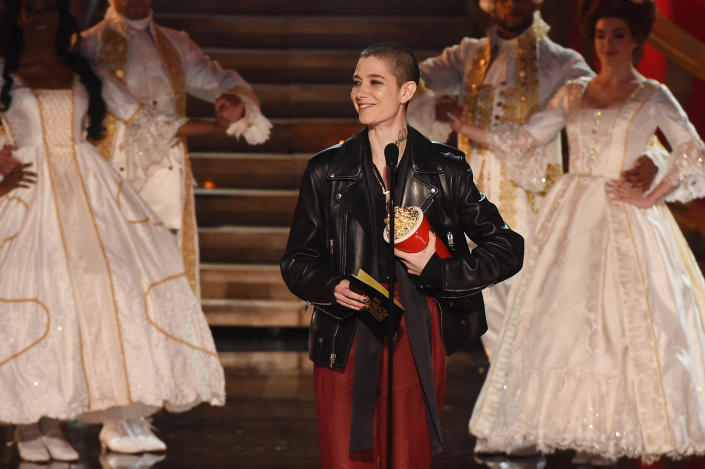 Actor Asia Kate Dillon speaks onstage during the 2017 MTV Movie And TV Awards at The Shrine Auditorium on May 7, 2017 in Los Angeles, California.&amp;nbsp;