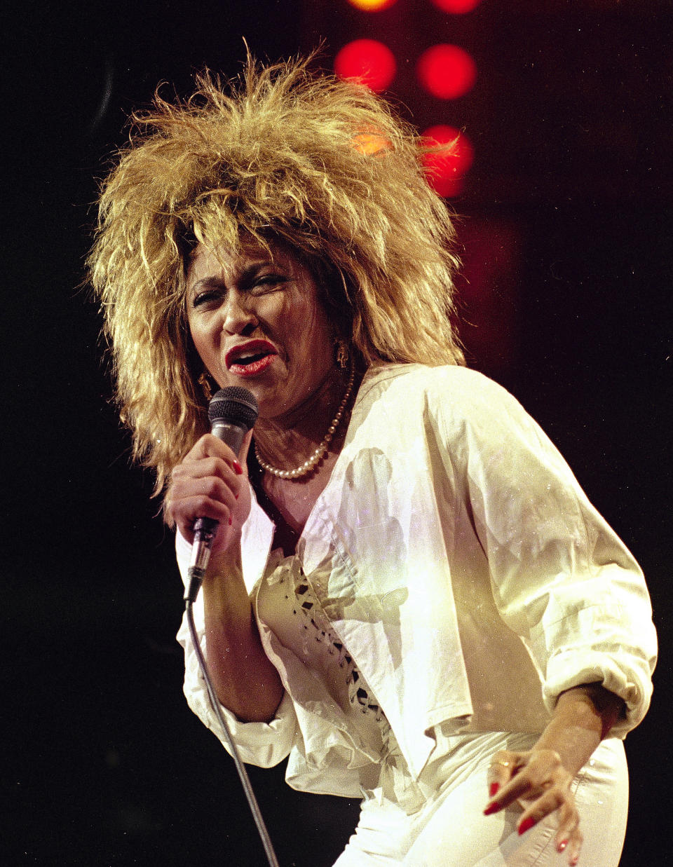 FILE - Tina Turner performs at New York's Madison Square Garden on Aug. 1, 1985. Turner, the unstoppable singer and stage performer, died Tuesday, after a long illness at her home in Küsnacht near Zurich, Switzerland, according to her manager. She was 83. (AP Photo/Ray Stubblebine, File)