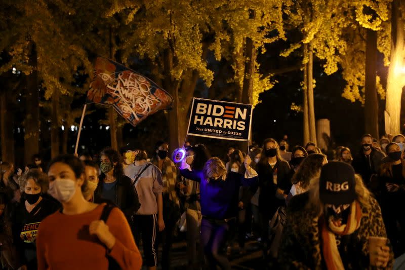 People celebrate gains made by Democratic U.S. presidential nominee Biden and support continued counting of ballots in 2020 U.S. presidential election in Brooklyn borough of New York City