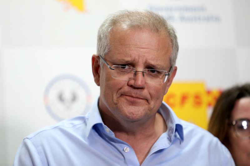 Australian Prime Minister Morrison speaks to the media during a press conference at the Mt Barker CFS HQ