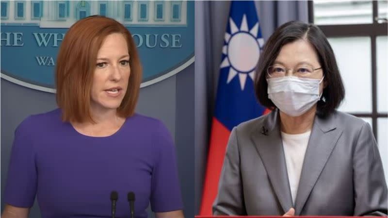  莎琪否認疫苗換取晶片一事，並揭露「台灣取得疫苗的途徑被截斷」。（組合圖／翻攝自白宮YouTube、總統府提供）