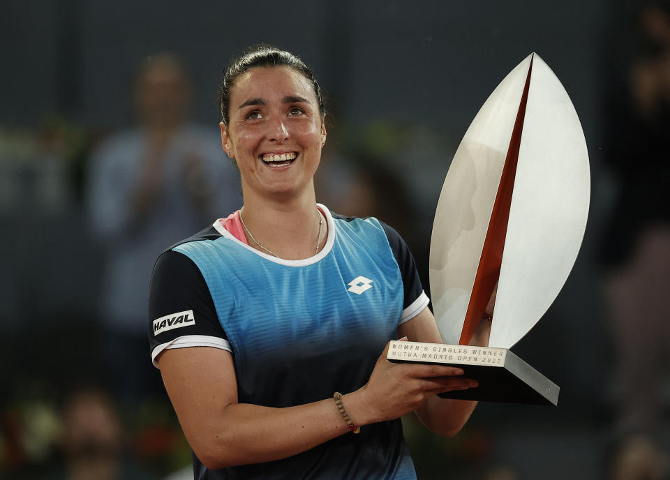 Pictured here, Tunisia&#39;s Ons Jabeur posing with the Madrid Open trophy after beating Jessica Pegula in the final.