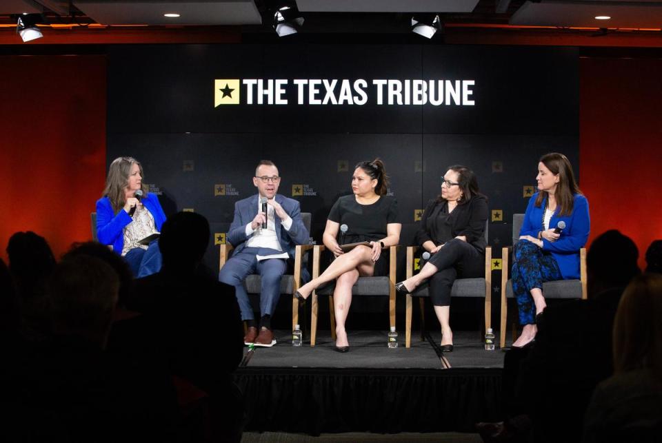 From left: Texas Tribune health and human services reporter Karen Brooks Harper moderates a discussion about childcare in Texas with Steven Pedigo, professor and director of the LBJ Urban Lab, LBJ School of Public Affairs, University of Texas at Austin; Liza Gomez, vice president, Ready Children, United Way of San Antonio and Bexar County; Christina Collazo, founder and executive director, Todos Juntos Learning Center; and Emily Williams Knight, CEO, Texas Restaurant Association and Education Foundation, on March 20, 2024.