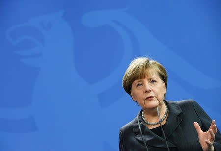 German Chancellor Angela Merkel addresses a news conference at the Chancellery in Berlin, Germany, in this January 29, 2016 filepicture. REUTERS/Fabrizio Bensch/Files