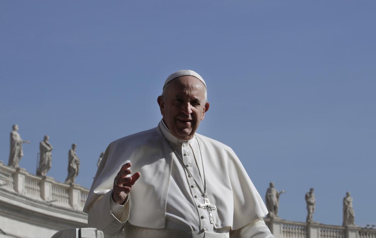 Pope Francis arrives for his weekly general audience, in St. Peter's Square, at the Vatican, Wednesday, May 8, 2019. (AP Photo/Alessandra Tarantino)