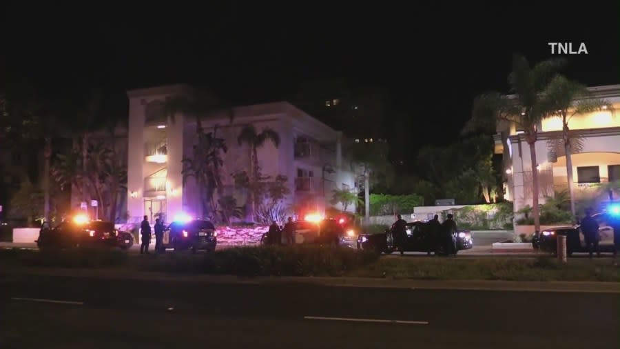 Video shows a large police presence outside an apartment building in Marina del Rey, CA on April 13, 2024. (TNLA) 