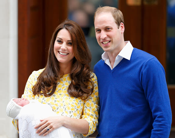 Catherine, Duchess of Cambridge and Prince William, Duke of Cambridge leave St. Mary's Hospital with Princess Charlotte on May 2, 2015.