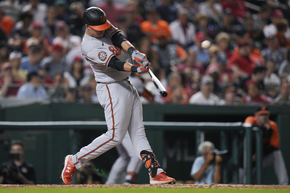 Baltimore Orioles' Ryan Mountcastle hits a solo home run against the Washington Nationals during the fifth inning of a baseball game at Nationals Park, Tuesday, Sept. 13, 2022, in Washington. (AP Photo/Jess Rapfogel)