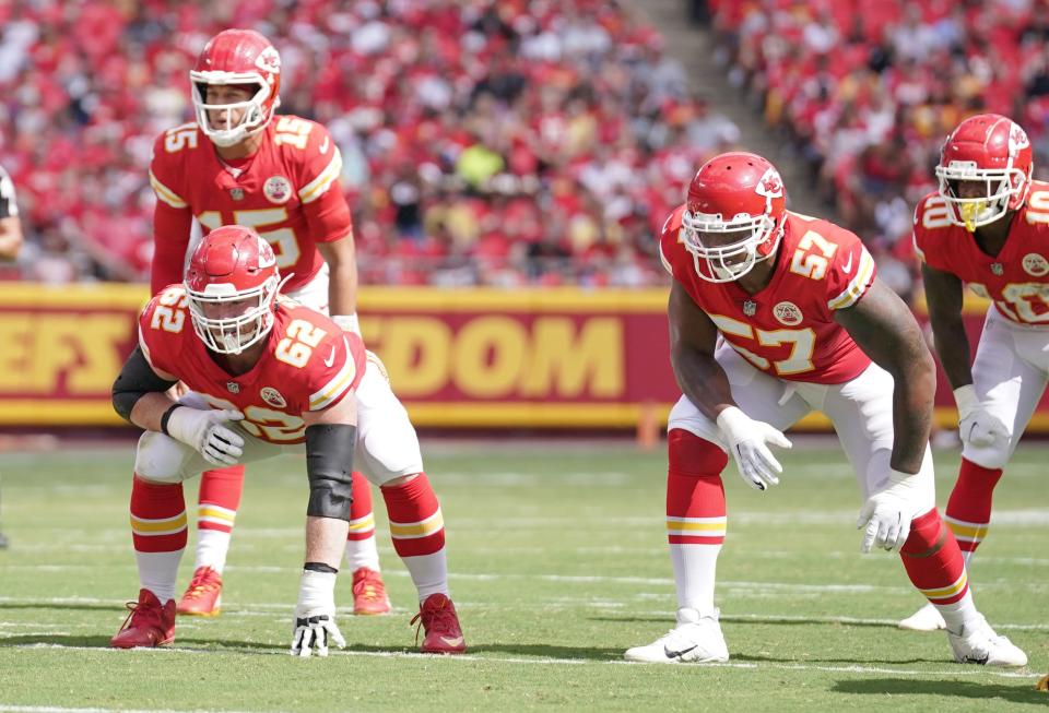 Joe Thuney (62) and Orlando Brown Jr. (57) were brought to Kansas City to avoid a repeat of Super Bowl 55.