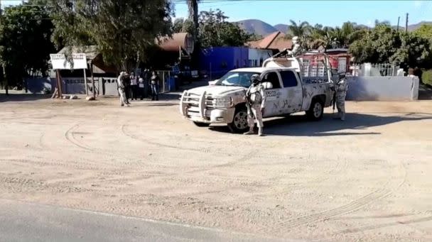 PHOTO: Security-tight at the scene of a shootout where at least 10 people were killed and nine injured in northern Mexico's Baja California on May 20, 2023. (Joatam de Basabe/Reuters)