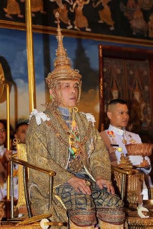 Thailand's King Maha Vajiralongkorn is crowned during his coronation inside the Grand Palace in Bangkok, Thailand, May 4, 2019. The Committee on Public Relations of the Coronation of King Rama X/Handout via REUTERS