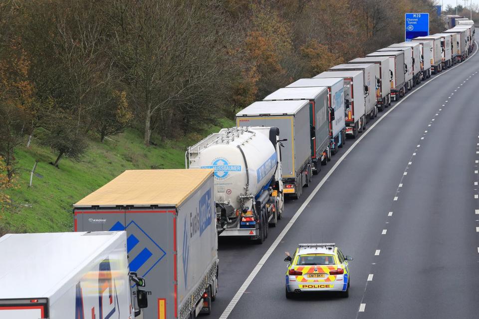 <p>Freight lorries queuing along the M20</p> (PA)