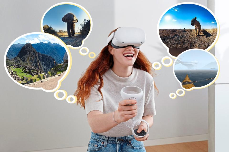 <p>Travel scenes from the National Geographic's Explore VR app available on Oculus Quest (headset pictured)</p> (ES Composite)