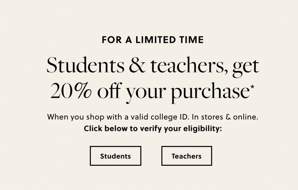 J Crew online ad offering student discount