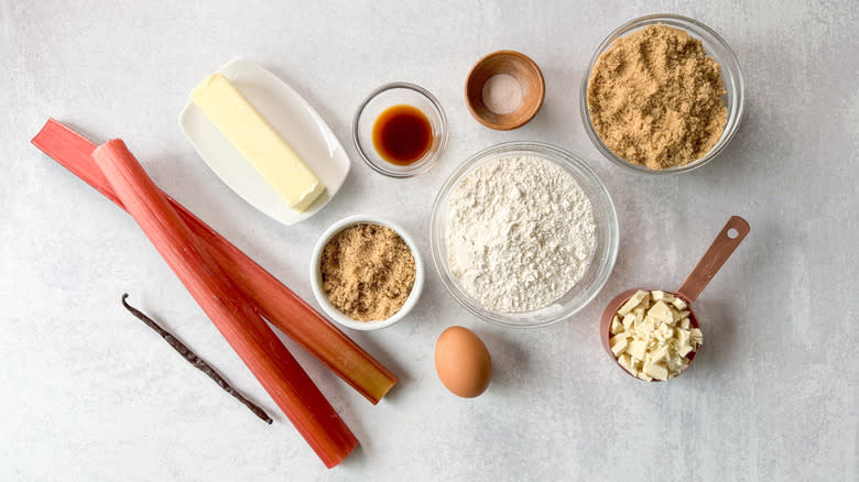 Rhubarb and white chocolate blondies ingredients on tabletop