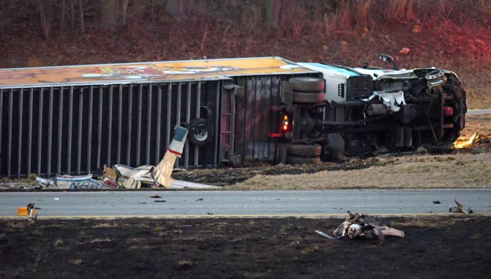 A twin-engine Beechcraft Barron plane crashed into the tractor-trailer on Interstate 85 South, near the Davidson County Airport in Lexington, N.C., on Wednesday, Feb. 16, 2022.