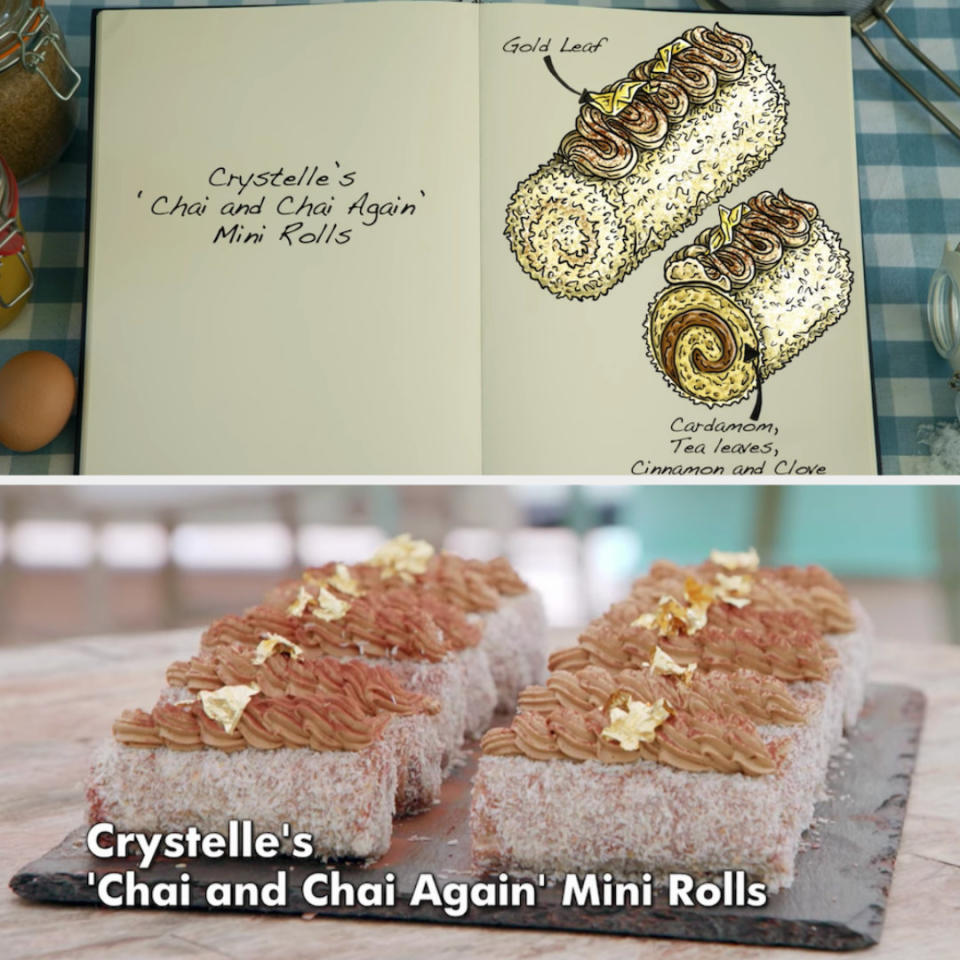 Crystelle's chai mini rolls decorated with gold leaf side by side with their drawing