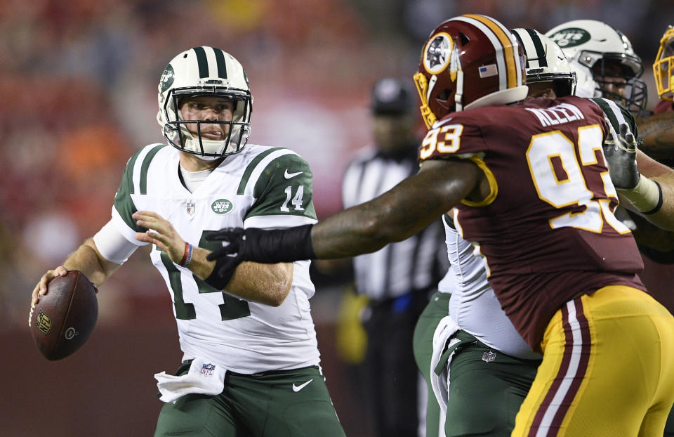 New York Jets quarterback Sam Darnold (14) will be the NFL's lone rookie starting QB in Week 1. (AP)