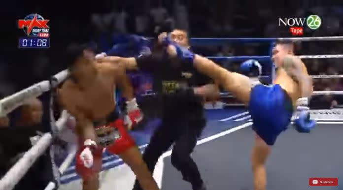 Gou Dakui accidentally knocked out the official at the end of a match in Thailand. (Screenshot/YouTube)