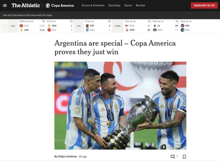 “Argentina es especial. La Copa América comprobó que solamente gana”, elogió The Athletic, el suplemento deportivo de The New York Times, tras la conquista de la selección en Estados Unidos.
