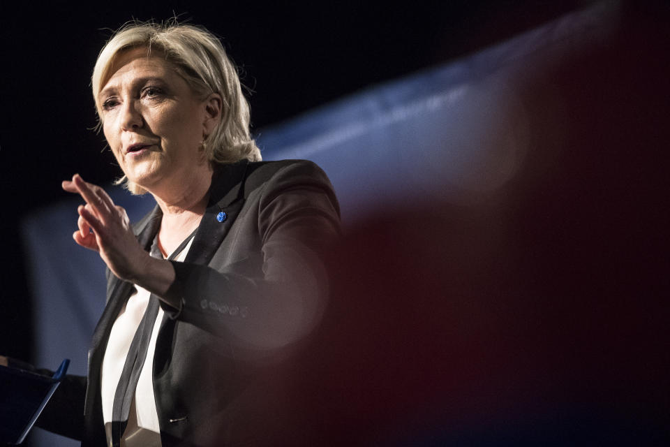 Far-right candidate for the presidential election Marine Le Pen speaks during a campaign meeting in Monswiller near Strasbourg, eastern France, Wednesday, April 5, 2017. A self-described patriot, Le Pen hopes to extract France from the European Union and do away with France's membership in the shared euro currency. The two-round presidential election is set for April 23 and May 7. (AP Photo/Jean-Francois Badias)