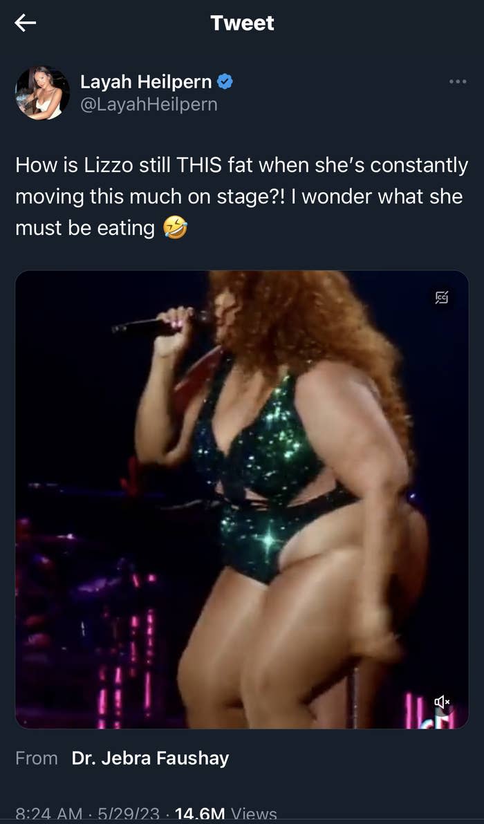 The tweet reads "How is Lizzo still THIS fat when she's constantly moving this much onstage? I wonder what she must be eating? [laughing emoji]