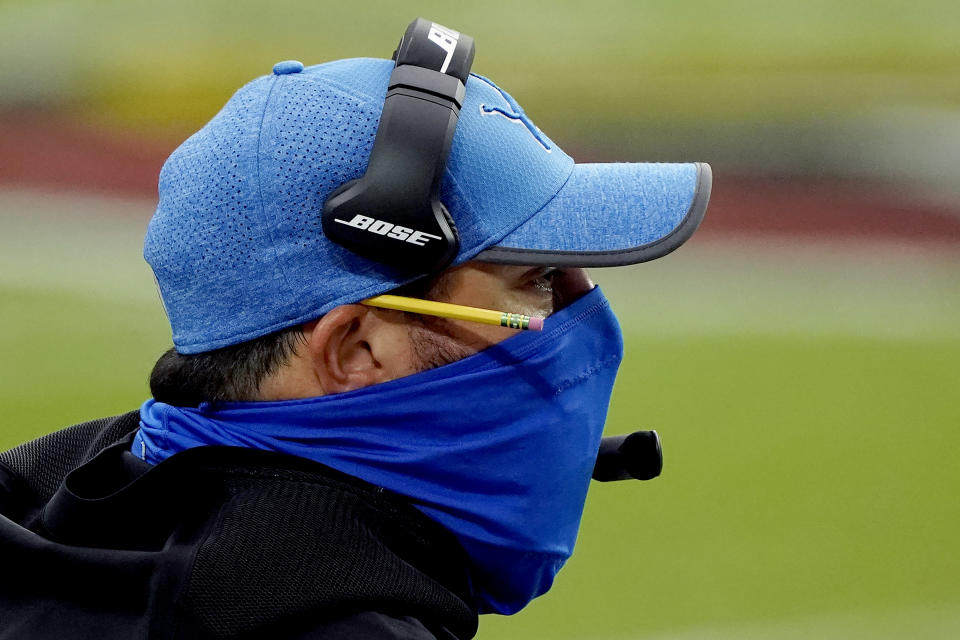 Detroit Lions head coach Matt Patricia watches during the first half of an NFL football game against the Arizona Cardinals, Sunday, Sept. 27, 2020, in Glendale, Ariz. (AP Photo/Rick Scuteri)