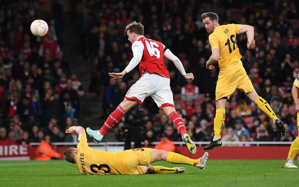 Rob Holding steers his header in for Arsenal's second goal - GETTY IMAGES