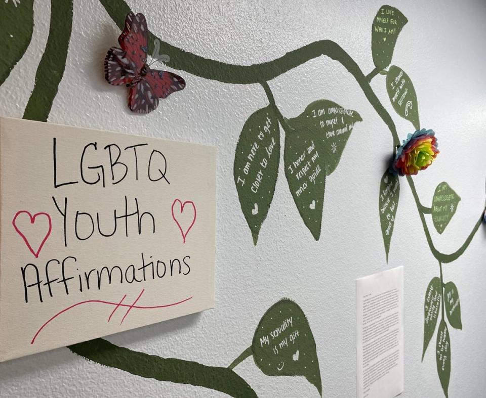 LGBTQ+ Youth Affirmations are painted on the walls of the Fresno EOC LGBTQ+ Resource Center in downtown Fresno. Melissa Montalvo/Fresno Bee