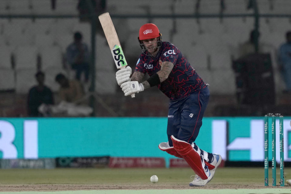 Islamabad United' Alex Hales plays a shot during the Pakistan Super League T20 cricket match between Karachi Kings and Islamabad United, in Karachi, Pakistan, Wednesday, Feb. 28, 2024. (AP Photo/Fareed Khan)