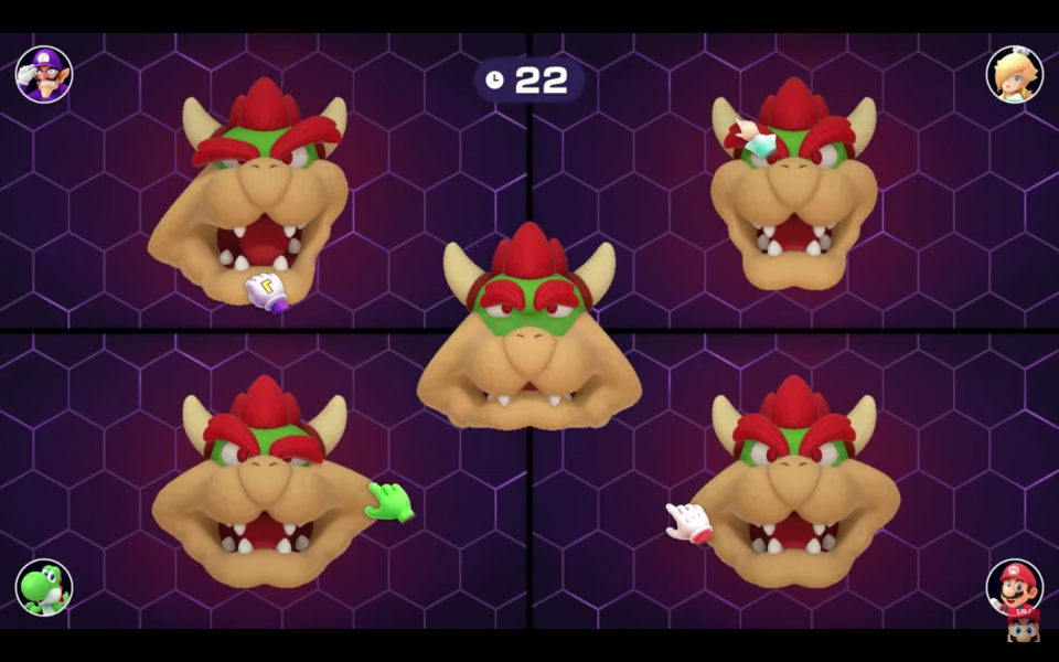 Bowser's face is stretched out in a Mario Party minigame.