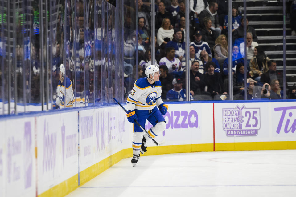 Buffalo Sabres left wing Jeff Skinner (53) celebrates after scoring against the Toronto Maple Leafs during the second period of an NHL hockey game Saturday, Nov. 4, 2023, in Toronto. (Christopher Katsarov/The Canadian Press via AP)