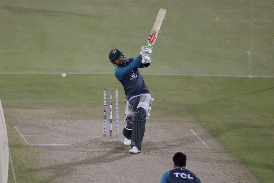 Pakistan's Babar Azam bats during training session at the National Cricket Stadium, in Karachi, Pakistan, Saturday, Sept. 17, 2022. England and Pakistan will play first twenty20 cricket match on Sept. 20. (AP Photo/Fareed Khan)